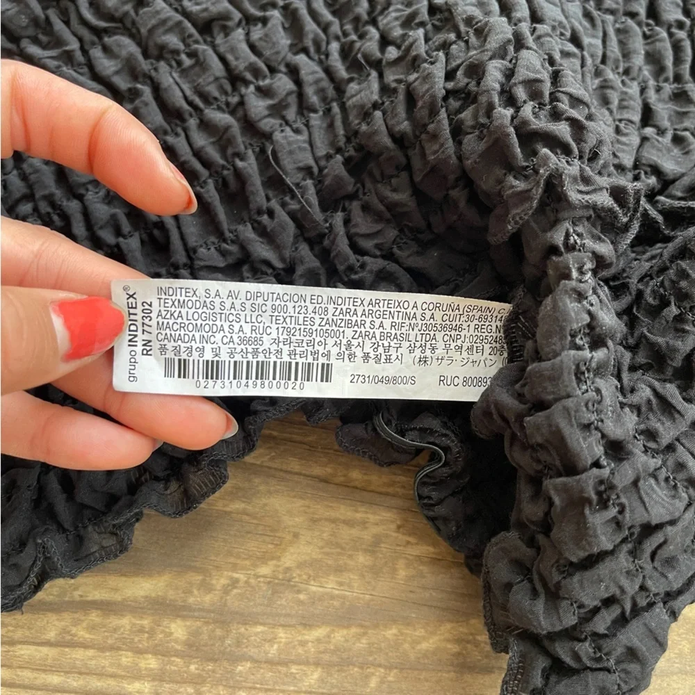 ZARA Black Smocked Cropped Long Sleeve Ruffle Blouse Size S